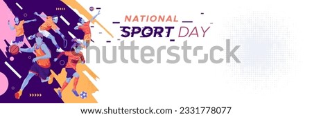 Banner template for national sports day football, basketball, tennis and volleyball background. world sports celebration Royalty-Free Stock Photo #2331778077