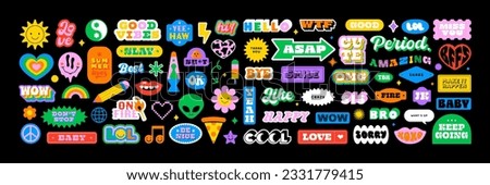 Colorful vintage label shape set. Collection of trendy retro sticker cartoon shapes. Funny comic character art and quote sign patch bundle. Royalty-Free Stock Photo #2331779415