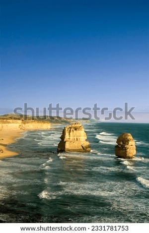 Australia-s natural wonder, The Twelve Apostles - sandstone cliffs worn away by erosion. Royalty-Free Stock Photo #2331781753