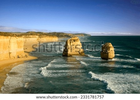 Australia-s natural wonder, The Twelve Apostles - sandstone cliffs worn away by erosion. Royalty-Free Stock Photo #2331781757