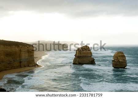 Australia-s natural wonder, The Twelve Apostles - sandstone cliffs worn away by erosion. Royalty-Free Stock Photo #2331781759