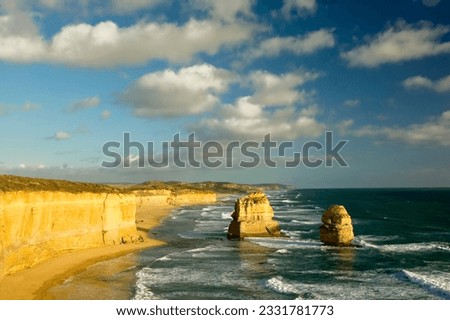 Australia-s natural wonder, The Twelve Apostles - sandstone cliffs worn away by erosion. Royalty-Free Stock Photo #2331781773