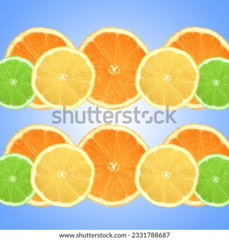 Lemon, lime and orange citrus fruit slices in two horizontal lines and set against a sky blue background with a central white glow.