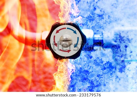 manual heating controller with red and blue arrows in fire and ice background Royalty-Free Stock Photo #233179576