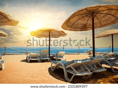 Chaise longues on the beach of the Red Sea