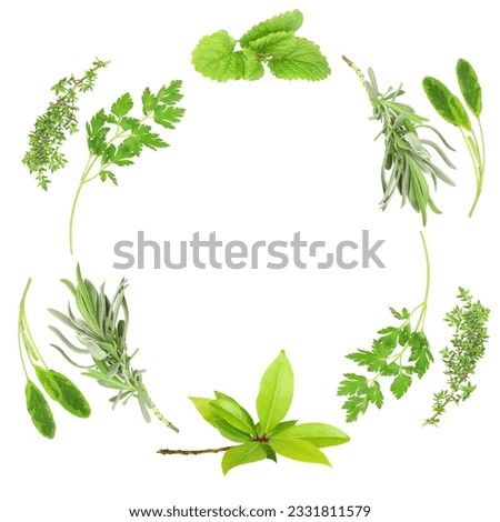 Herb leaf abstract circular design of lavender, sage, parsley, bay, lemon balm and thyme, over white background.