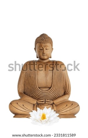 Buddha smiling with a lotus lily flower, over white background.