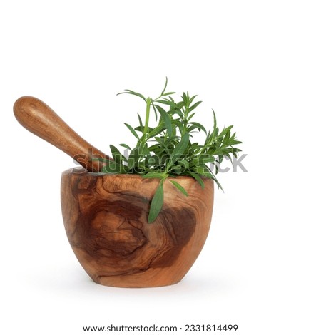 Hyssop herb leaves in an olive wood mortar with pestle over white background.