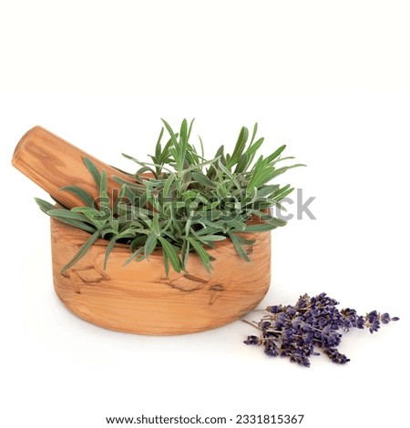 Lavender herb leaves in an olive wood mortar with pestle, with dried flowers, over white background.