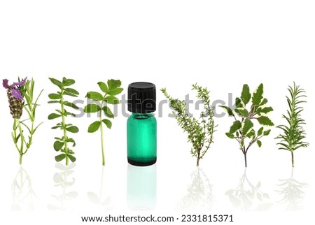 Herb leaf selection with an aromatherapy essential oil glass bottle, over white background.