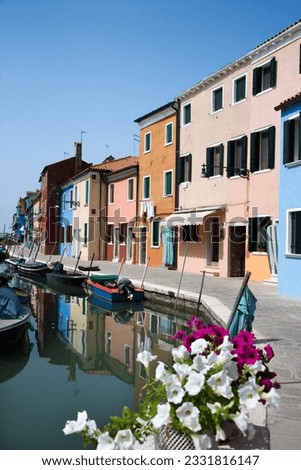 Buildings and boats on a canal in Venice, Italy, with flowers in the foreground. Vertical shot.