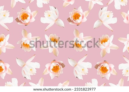 Seamless pattern with lotus flowers on a pink background.