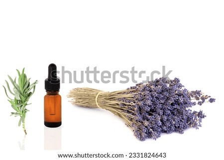 Lavender dried herb flowers and essential oil glass dropper bottle with leaf sprig, over white background.
