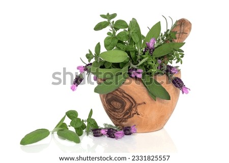 Lavender flowers and mixed herb leaves in an olive wood mortar with pestle, over white background.