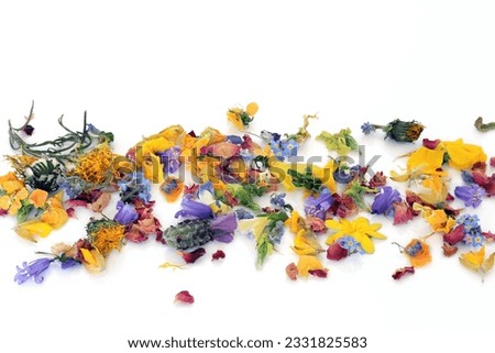 Spring fresh and dried flowers and herbs scattered in an abstract pattern, over white background.