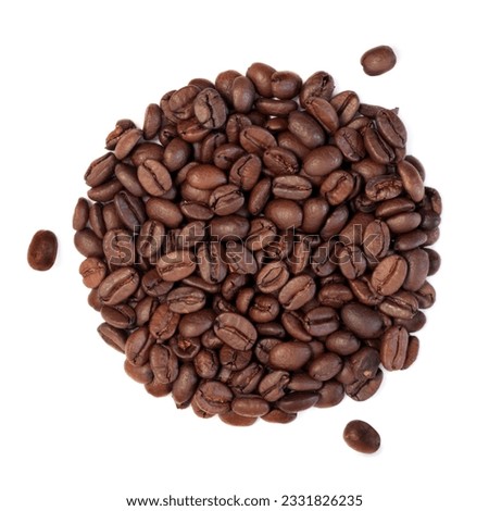 Coffee beans in a circular shape with three scattered isolated over white background.
