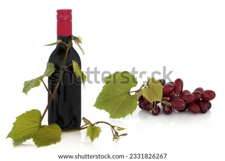 Red wine bottle with grapes and vine leaf sprigs, isolated over white background.