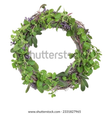 Herb leaf garland with purple and variegated sage, oregano, basil and lavender flowers, isolated over white background.