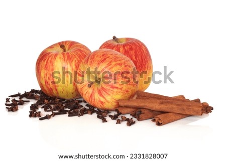 Gala apples with cloves and cinnamon sticks, isolated over white background.