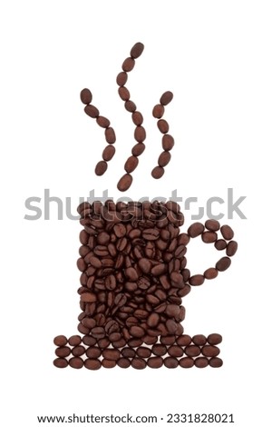 Coffee beans in the abstract shape of an espresso cup and saucer with steam aroma trails, isolated over white background.