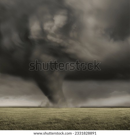 A large tornado working its way across fields.