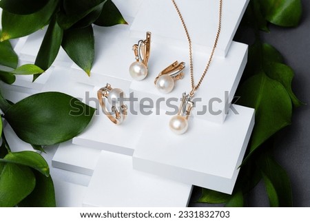 Elegant jewelry set. Jewellery set with gemstones. Jewelry accessories collage. Product still life concept. Ring, necklace and earrings. Royalty-Free Stock Photo #2331832703