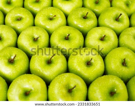large group of green apples in a row. Horizontal shape