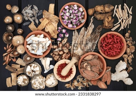 Chinese herbal medicine with herbs in terracotta bowls and loose with wooden mortar and pestle on dark wood background. Top view.