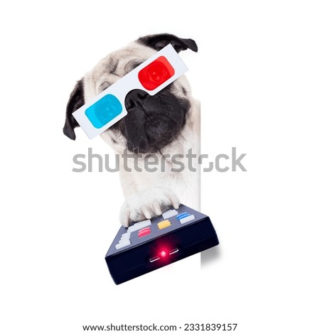 pug dog at cinema watching a movie or television tv programm with 3d glasses isolated on white background, holding the remote control