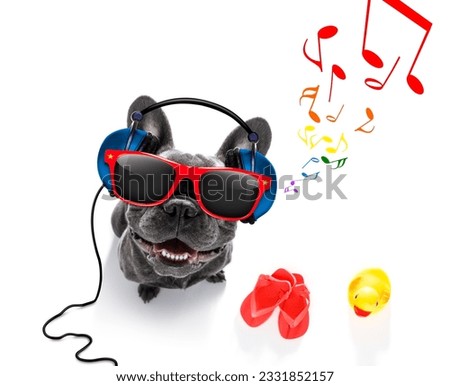 cool dj french bulldog dog listening or singing to music with headphones and mp3 player, notes all around, isolated on white background and ready for summer vacation