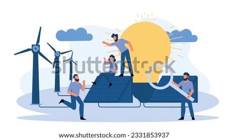 Ecology city environment energy Earth day design. Woman and man building solar panel landscape vector illustration. Concept eco nature save. Recycle wind turbine technology planet windmill clean