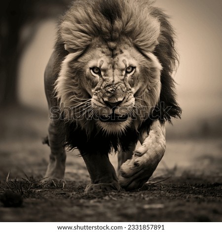 powerful male lion with mane in aggressive attack stance, High quality photo Royalty-Free Stock Photo #2331857891
