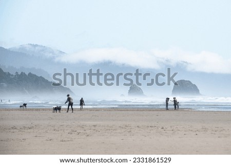 Looking out at several people enjoying a foggy beautiful day on Cannon Beach, OR. In the background is a misty view of the Oregon coastline.
