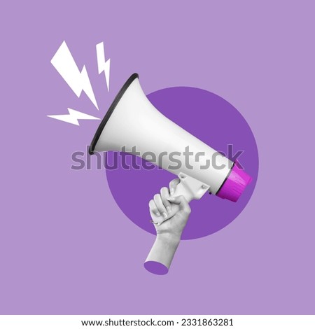 woman in megaphone, symbol of woman, woman speaking, woman speaking loud, girl with megaphone, hand holding megaphone, loudspeaker, social media, idea promotion, concept Royalty-Free Stock Photo #2331863281