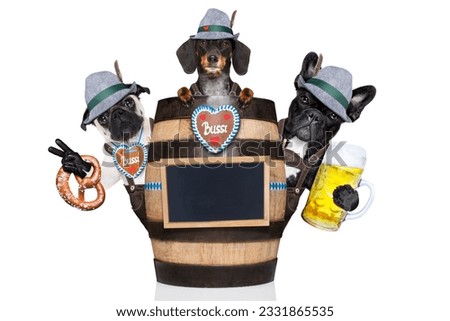 bavarian couple or group of dogs behind a beer barrel toasting with beer mugs