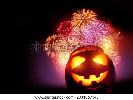 Halloween fireworks party with a glowing pumpkin, October celebrations-