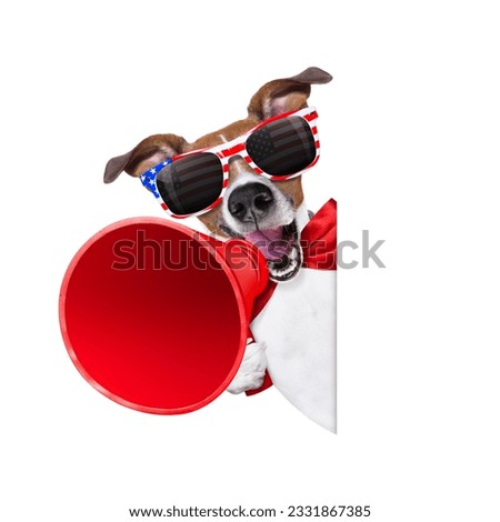 jack russell dog shouting with a megaphone 4th of July on independence day, isolated on white background