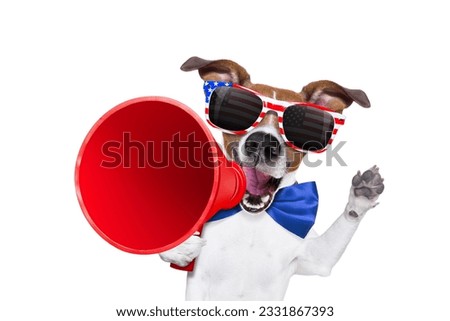 jack russell dog shouting with a megaphone 4th of July on independence day, isolated on white background