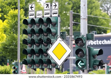 Chemnitz, Germany - June 25, 2023: Many traffic lights on a crossroad with tram lines in Chemnitz, Saxony