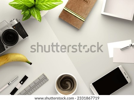Top down view of a business desktop with a smartphone, office accessories,a journal, coffee and snacks. 3D illustration render.
