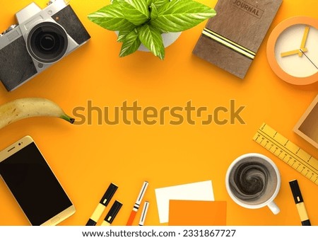 Top down view of modern work space office desk with essentials including coffee, office plant, mobile device, camera, food snacks and business tools - in orange. 3D illustration render.