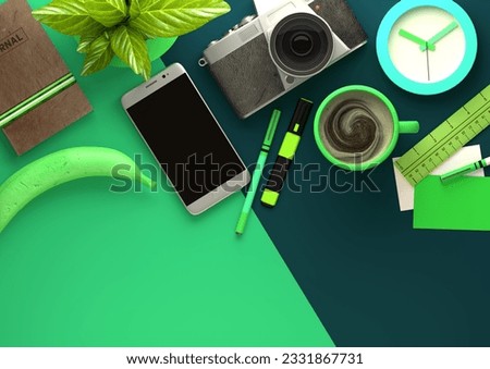 Top down view of modern work space office desk with essentials including coffee, office plant, mobile device, camera, food snacks and business tools - in green. 3D illustration render.