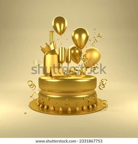 Gold Birthday Surprise. Birthday celebrations with gold balloons, gold glasses and champagne bottle and a cake. 3D illustration.