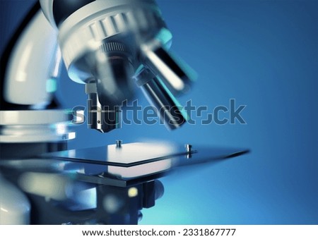 A close up image of a microscope studying a biological sample in a laboratory. 3D illustration.