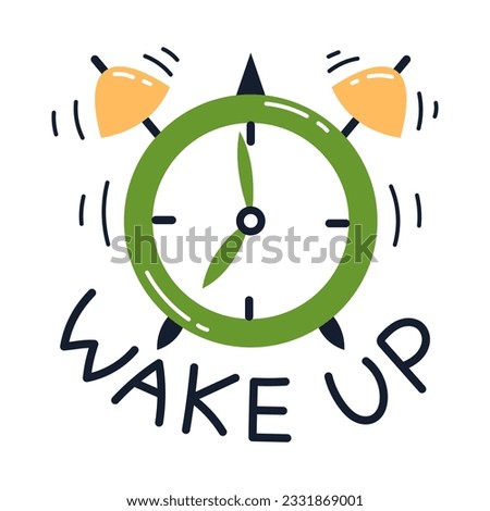 Vector sticker with alarm clock and wake up text. Good morning and deadline concept. Alarm clock ringing.
