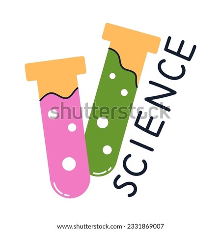 Vector test tubes with liquid and science text. Trendy sticker for school research with test tubes. School laboratory concept. Biology or chemistry. 