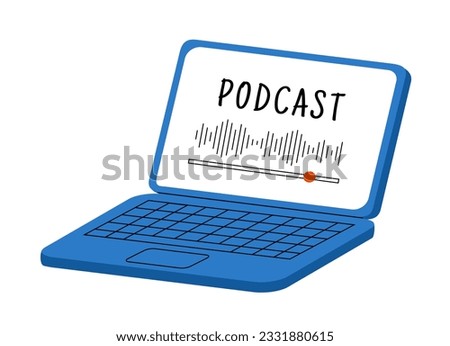 Laptop for podcast concept. Device and gadget with audio file. On air and live stream. Sticker for social networks and messengers. Cartoon flat vector illustration isolated on white background