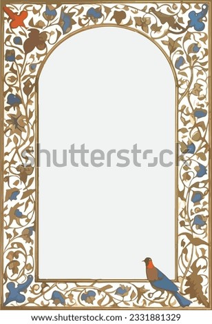 Flower and vine vector border with bird in corner, arched copy area Royalty-Free Stock Photo #2331881329