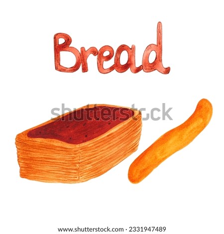 Hand drawn watercolor pastry and bread stick set. Isolated on white background. Can be used for Scrapbook design, cards, label, banner and any printed products