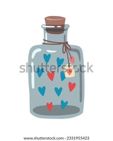 Glass bottle with hearts. Glass jar with blue and red hearts. Design for greeting card, invitation, print, sticker. Illustration for valentine's day.